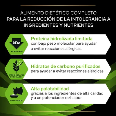 Alimento dietético completo para reducir la intolerancia a ingredientes y nutrientes: proteína hidrolizada limitada, hidratos de carbono purificados, alta palatabilidad.