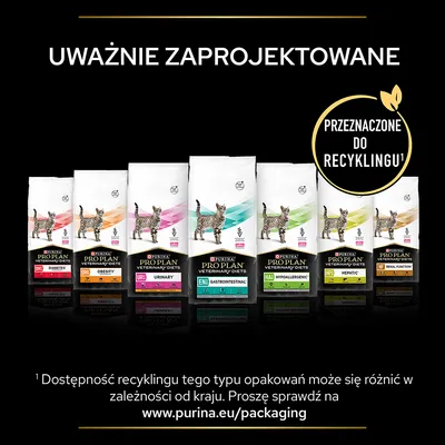Purina Pro Plan Veterinary Diets dla kotów: DM Diabetes, OM Obesity, UR Urinary, EN Gastrointestinal, HA Hypoallergenic, HP Hepatic, NF Renal Function. Przeznaczone do recyklingu.