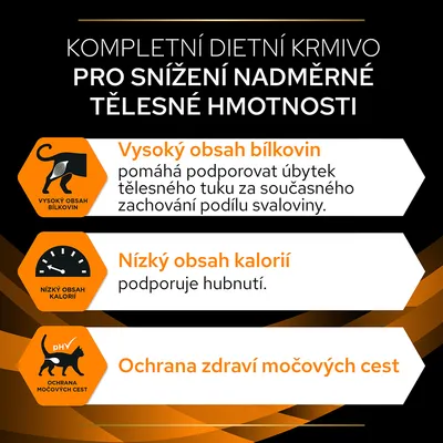 Text v češtine: Kompletní dietní krmivo pro snížení nadměrné tělesné hmotnosti. Vysoký obsah bílkovin, nízký obsah kalorií, ochrana zdraví močových cest.