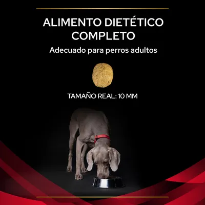 ALIMENTO DIETÉTICO COMPLETO. Adecuado para perros adultos. Tamaño real: 10 mm. Imagen de croqueta y perro adulto comiendo de un cuenco metálico.