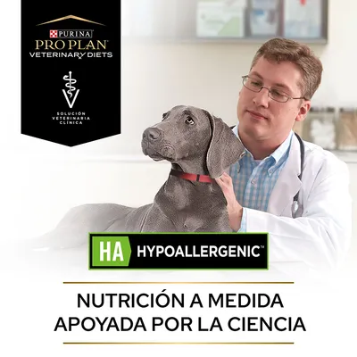 Purina Pro Plan Veterinary Diets, solución veterinaria clínica. HA Hypoallergenic. Nutrición a medida apoyada por la ciencia. Imagen de perro con persona en bata blanca.