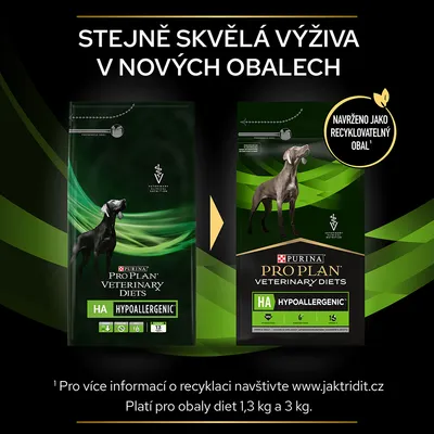 PURINA PRO PLAN VETERINARY DIETS HA Hypoallergenic, nové recyklovatelné obaly, stejná výživa. Platí pro balení 1,3 kg a 3 kg. Navrženo jako recyklovatelný obal.