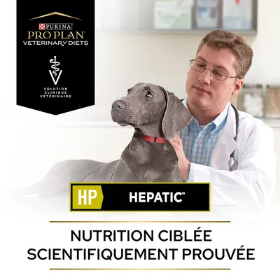 Purina Pro Plan Veterinary Diets HP Hepatic, solution clinique vétérinaire, nutrition ciblée scientifiquement prouvée. Texte en français de Belgique visible sur l’image.
