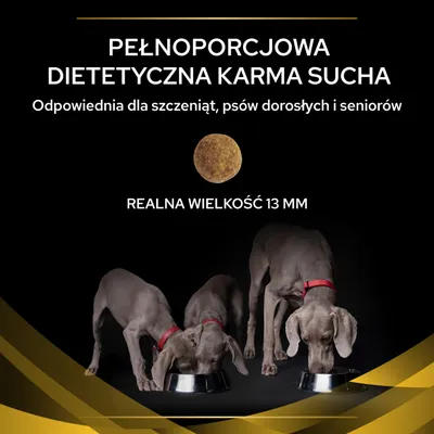 Pełnoporcjowa dietetyczna karma sucha, odpowiednia dla szczeniąt, psów dorosłych i seniorów. Realna wielkość granulki 13 mm. Trzy psy jedzące z misek.