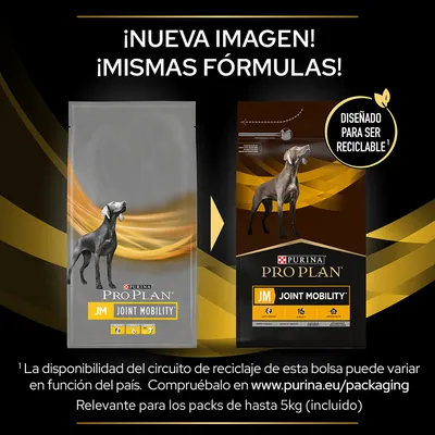 Comparativa de envases de Purina Pro Plan JM Joint Mobility para perros, texto: '¡Nueva imagen! ¡Mismas fórmulas!' y 'Diseñado para ser reciclable'. Relevante para packs hasta 5 kg.