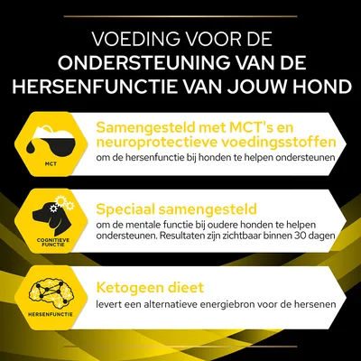 Voeding voor ondersteuning hersenfunctie hond: samengesteld met MCT's en neuroprotectieve voedingsstoffen, speciaal voor mentale functie, ketogeen dieet als alternatieve energiebron.