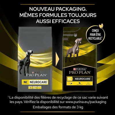 Nouveau packaging Purina Pro Plan NC NeuroCare, conçu pour être recyclable. Même formule, toujours aussi efficace. Emballages formats 3 kg visibles.