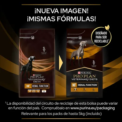 Comparativa de dos envases de PURINA PRO PLAN VETERINARY DIETS NF Renal Function para perros, texto: '¡Nueva imagen! ¡Mismas fórmulas!' y 'Diseñado para ser reciclable'.