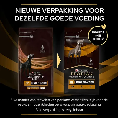 Nieuwe verpakking voor Purina Pro Plan Veterinary Diets NF Renal Function hondenvoer, ontworpen om te recyclen. 3 kg verpakking is recyclebaar. Zelfde voeding, vernieuwde look.