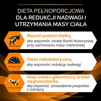 Dieta pełnoporcjowa dla redukcji nadwagi: wysoki poziom białka, dieta niskokaloryczna, niski indeks glikemiczny węglowodanów. Wsparcie utraty tkanki tłuszczowej i kontroli cukrzycy.