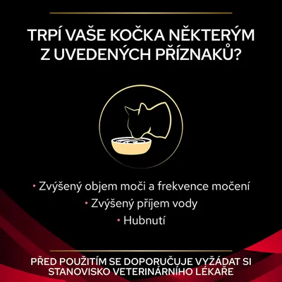 Trpí vaše kočka některým z uvedených příznaků? Zvýšený objem moči a frekvence močení, zvýšený příjem vody, hubnutí. Před použitím se doporučuje vyžádat si stanovisko veterinárního lékaře.