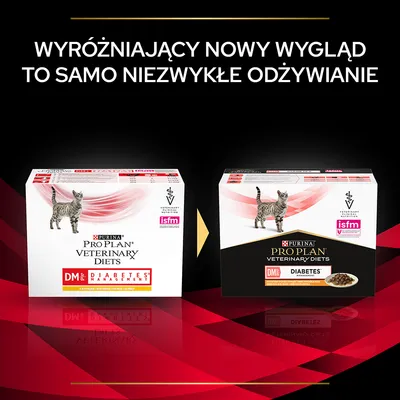 Dwa opakowania Purina Pro Plan Veterinary Diets DM Diabetes Management dla kotów, stare i nowe. Widoczny napis: Wyróżniający nowy wygląd, to samo niezwykłe odżywianie.