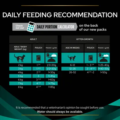 Daily feeding recommendation chart showing adult body weight and kitten age with corresponding pouch and grams per day. Includes advice to consult a vet and ensure water is always available.