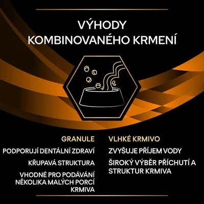 Výhody kombinovaného krmení: granule – podporují dentální zdraví, křupavá struktura, vhodné pro podávání několika malých porcí; vlhké krmivo – zvyšuje příjem vody, široký výběr příchutí a struktur.