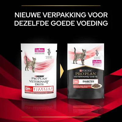 Nieuwe verpakking voor Purina Pro Plan Veterinary Diets DM St/Ox Diabetes Management kattenvoer, met ISFM-logo en afbeelding van kat. Oude en nieuwe verpakking naast elkaar getoond.