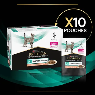 Purina Pro Plan Veterinary Diets EN Gastrointestinal kattenvoer, verpakking met 10 portiezakjes. ISFM-logo en afbeelding van kat zichtbaar op doos en zakje.