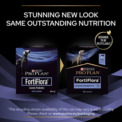Purina Pro Plan FortiFlora Canine Probiotic, old and new packaging shown. Text: Stunning new look, same outstanding nutrition. Designed to be recyclable. 30x1g, 30 sachets.
