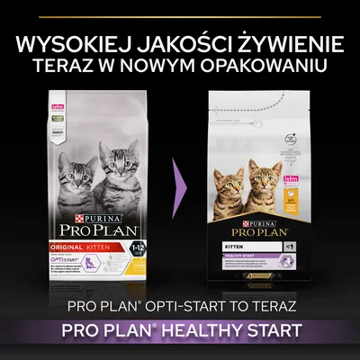 Porównanie starego i nowego opakowania karmy Purina Pro Plan dla kociąt: Opti-Start zmienione na Healthy Start. Widoczne koty, nazwy produktów i tekst o wysokiej jakości żywieniu.