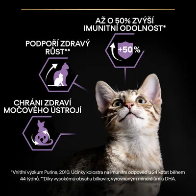 Až o 50 % zvýši imunitní odolnost, podpoří zdravý růst, chrání zdraví močového ústrojí. Text v češtine. Fotografia mačky s grafickými ikonami a textom okolo.