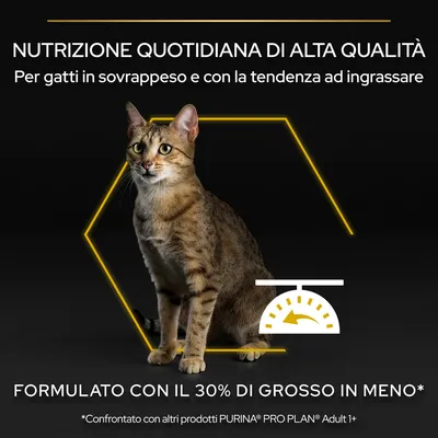 Nutrizione quotidiana di alta qualità per gatti in sovrappeso o con tendenza ad ingrassare, formulato con il 30% di grasso in meno rispetto ad altri prodotti PURINA PRO PLAN Adult 1+.