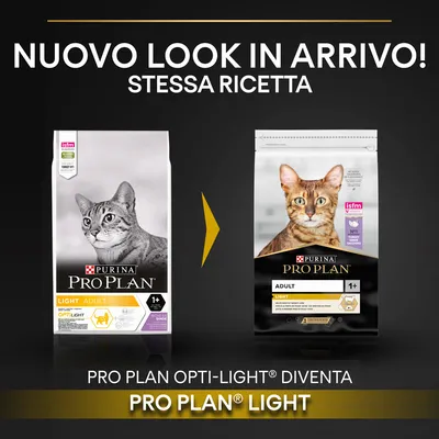 Nuovo look in arrivo! Stessa ricetta. PRO PLAN OPTI-LIGHT diventa PRO PLAN LIGHT. Immagine di due confezioni Purina Pro Plan Light Adult 1+ per gatti.