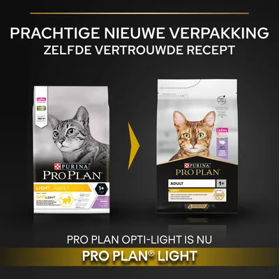 Vergelijking oude en nieuwe verpakking Purina Pro Plan Light Adult kattenvoer 1+, tekst: prachtige nieuwe verpakking, zelfde vertrouwde recept. Pro Plan Opti-Light is nu Pro Plan Light.