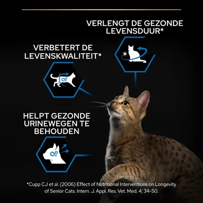 Verlengt de gezonde levensduur*, verbetert de levenskwaliteit*, helpt gezonde urinewegen te behouden. *Cupp CJ et al. (2006) Effect of Nutritional Interventions on Longevity of Senior Cats.