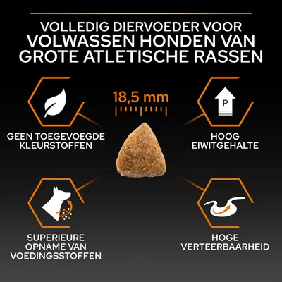 Volledig diervoeder voor volwassen honden van grote atletische rassen, brok 18,5 mm. Geen toegevoegde kleurstoffen, hoog eiwitgehalte, superieure opname voedingsstoffen, hoge verteerbaarheid.