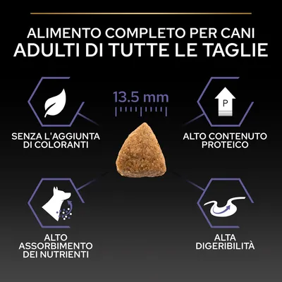Alimento completo per cani adulti di tutte le taglie, crocchetta 13,5 mm, senza aggiunta di coloranti, alto contenuto proteico, alto assorbimento dei nutrienti, alta digeribilità.