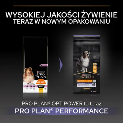 Purina Pro Plan Optipower zmienia nazwę na Pro Plan Performance; wysokiej jakości żywienie teraz w nowym opakowaniu. Widoczne dwa opakowania karmy dla psów.