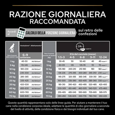 Tabella razione giornaliera raccomandata per cani: dosi in grammi secondo peso corporeo e fase (gestazione, allattamento, età cucciolo). Include nota su adattamento quantità.