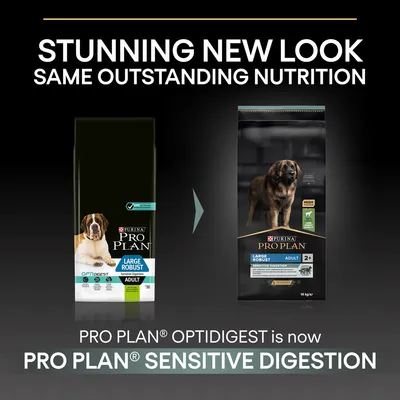 Purina Pro Plan Large Robust Adult hundfoder, namnändring från Optidigest till Sensitive Digestion. Bild visar gammal och ny förpackning samt text: Stunning new look, same outstanding nutrition.