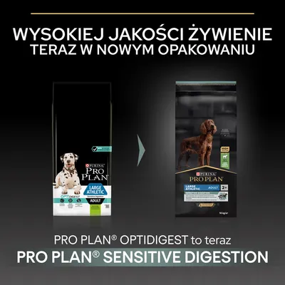 Purina Pro Plan Large Athletic Adult: zmiana opakowania z Optidigest na Sensitive Digestion. Wysokiej jakości żywienie teraz w nowym opakowaniu.