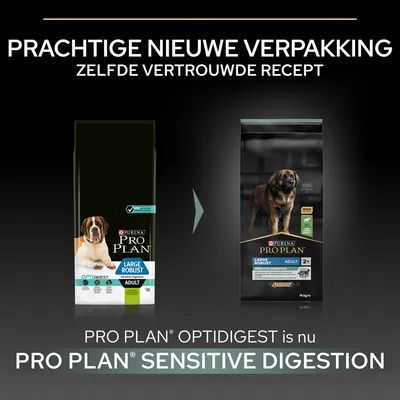 Purina Pro Plan Large Robust Adult hondenvoer: oude en nieuwe verpakking. Tekst: Prachtige nieuwe verpakking, zelfde vertrouwde recept. Optidigest is nu Sensitive Digestion.