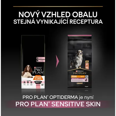 Nový vzhľad obalu krmiva Purina Pro Plan Medium & Large Adult 7+ Sensitive Skin, rovnaká receptúra. Optiderma je teraz Sensitive Skin.