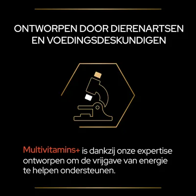 ONTWORPEN DOOR DIERENARTSEN EN VOEDINGSdeskundigen. Multivitamins+ is dankzij onze expertise ontworpen om de vrijgave van energie te helpen ondersteunen.