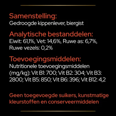 Samenstelling: gedroogde kippenlever, biergist. Eiwit 61,1%, vet 14,6%, ruwe as 6,7%, ruwe vezels 0,2%. Vitaminen B1, B2, B3, B5, B6, B12. Geen toegevoegde suikers of kleurstoffen.