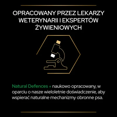 Opracowany przez lekarzy weterynarii i ekspertów żywieniowych. Natural Defences+ naukowo opracowany, by wspierać naturalne mechanizmy obronne psa.