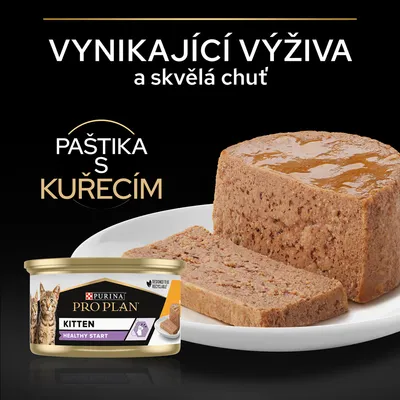 Purina Pro Plan Kitten Healthy Start paštika s kuřecím, vynikající výživa a skvělá chuť, zobrazená konzerva a plátky paštiky na talíři.