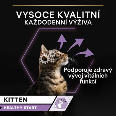 VYSOCE KVALITNÍ KAŽDODENNÍ VÝŽIVA, Podporuje zdravý vývoj vitálních funkcí, KITTEN HEALTHY START. Text v češtine a angličtine.