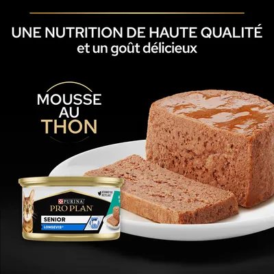 Purina Pro Plan Senior Longevis mousse au thon pour chat, visuel de la boîte et du produit, texte : une nutrition de haute qualité et un goût délicieux.