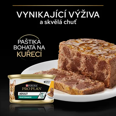 PURINA PRO PLAN ADULT MAINTENANCE paštika pro kočky, bohatá na kuřecí. Text: VYNIKAJÍCÍ VÝŽIVA a skvělá chuť. Zobrazená paštika na talíři a konzerva.