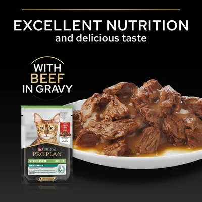 Purina Pro Plan Sterilised Adult cat food pouch, beef in gravy. Text: Excellent nutrition and delicious taste. With beef in gravy. Image of wet cat food on a plate.