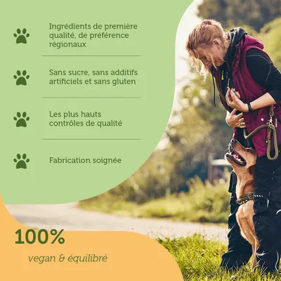 Ingrédients de première qualité, de préférence régionaux. Sans sucre, sans additifs artificiels et sans gluten. Les plus hauts contrôles de qualité. Fabrication soignée. 100 % vegan & équilibré.
