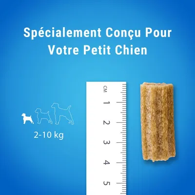 Bâtonnet à mâcher à côté d’une règle en centimètres, texte : Spécialement conçu pour votre petit chien, silhouettes de chiens 2–10 kg.