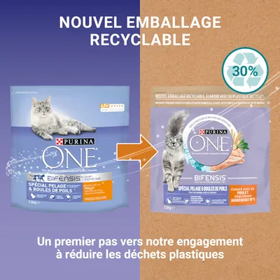 PURINA ONE BIFENSIS SPÉCIAL PELAGE & BOULES DE POILS 1,5kg. Σύγκριση παλιάς και νέας συσκευασίας με ένδειξη «Nouvel emballage recyclable» και σήμα ανακύκλωσης 30%.