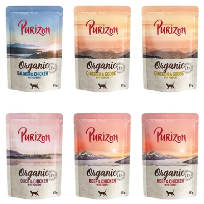Purizon Organic vådfoder til hunde, varianter: laks & kylling med spinat, kylling & gås med græskar, and & kylling med zucchini, oksekød & kylling med gulerod. Pakningsstørrelse: 85g.