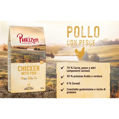 Purizon Pollo con Pesce per gatti adulti, 6,5 kg. Chicken with Fish: 70 % carne, pesce e altri componenti animali, 30 % frutta e verdura, 0 % cereali, crocchette ricche di proteine.