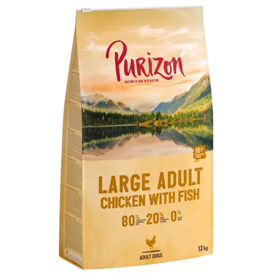 Purizon Large Adult Chicken with Fish, 12 kg. 80% animalske ingredienser, 20% grøntsager og frugt, 0% korn. Til voksne hunde. 38% proteinindhold.