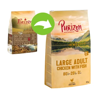 Packaging change from old to new for Purizon Large Adult Chicken with Fish, 80% chicken and fish, 20% vegetables, 0% grain, 12kg bag for adult dogs.